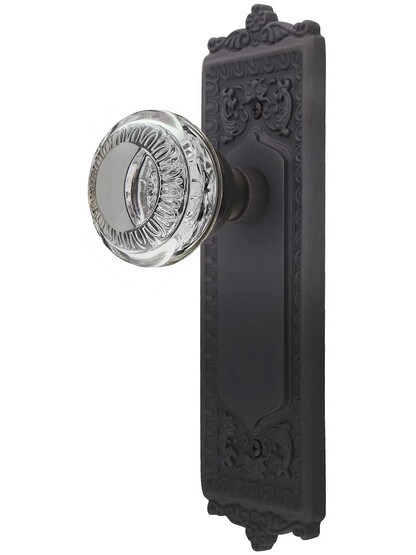 Egg and Dart Style Door Set with Ovolo Crystal-Glass Knobs in Oil-Rubbed Bronze.
